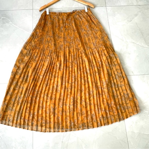 MANGO Mustard Floral Print Pleated Chiffon Tie & Elastic Waist Midi Skirt Sz M - Picture 10 of 13